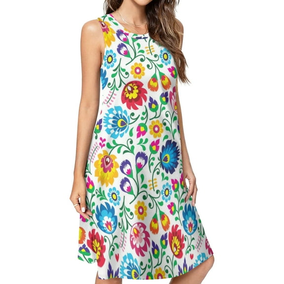 Polish Folk Art Floral Pattern Spring Summer Dresses for Women Fashion T-shirt Dress Casual Sleeveless Loose Sundress with Pockets