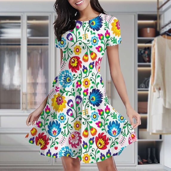 Polish Folk Art Floral Pattern Women's Classic Swing Skater Dress Casual Work Party Cocktail Dresses