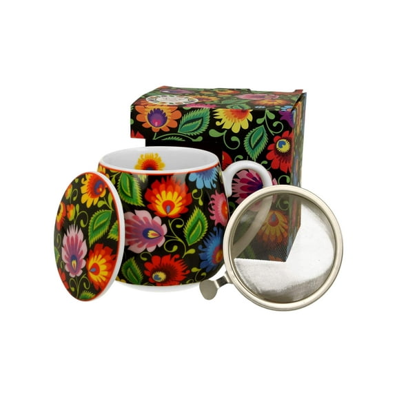 Polish Folk Art Porcelain Barrel Mug with Tea Infuser  Lid, 430ml - Lowicz Black