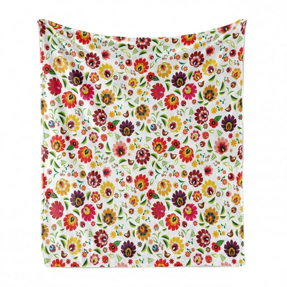 Polish Folk Art Soft Flannel Fleece Throw Blanket, Colorful Traditional Slavic Essential Flowers and Leaves Pattern, Cozy Plush for Indoor and Outdoor Use, 70" x 90", Multicolor, by Ambesonne