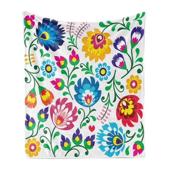 Polish Folk Art Soft Flannel Fleece Throw Blanket, European Floral Ornament Wzory Lowickie Colorful Flowers, Cozy Plush for Indoor and Outdoor Use, 70" x 90", Multicolor, by Ambesonne