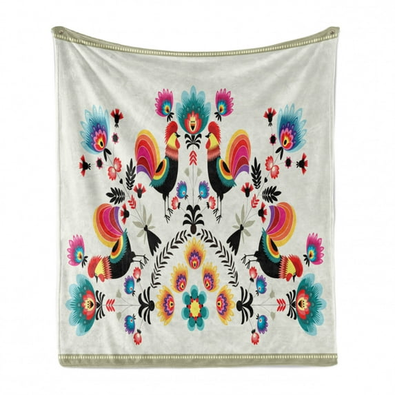 Polish Folk Art Soft Flannel Fleece Throw Blanket, Themed Illustration with Vivid Roosters and Flowers, Cozy Plush for Indoor and Outdoor Use, 60" x 80", Multicolor, by Ambesonne