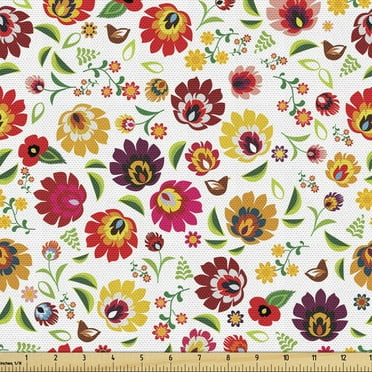 Ambesonne Polish Folk Art Fabric by the Yard Upholstery, Slavic, 5 Yards, Multicolor