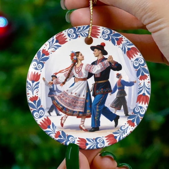 Polish Folk Dance Ornament Traditional Cultural Art Gift Dancer Folk Festival Keepsake Slavic Heritage Ceramic Decor 2D FLAT CIRCLE Ceramic Ornament