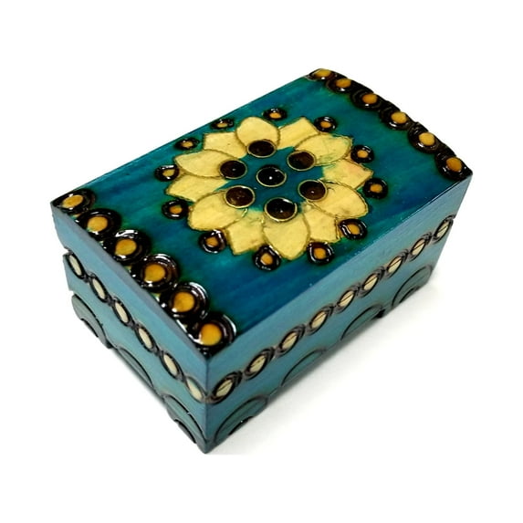 Polish Folk Floral Rosette Wooden Chest Box with Brass Inlays, Turquoise S