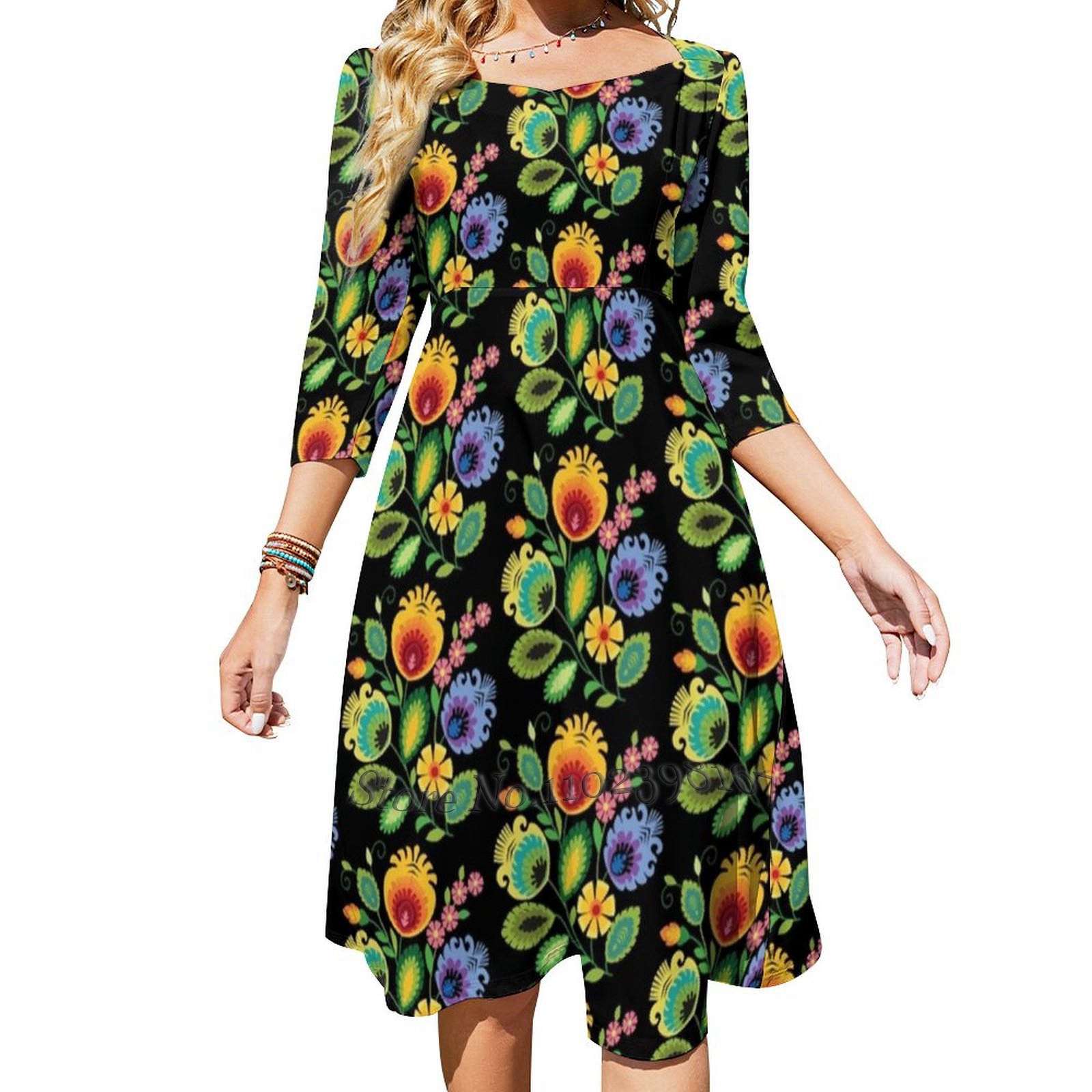 Polish Folk Flowers Yellow On Black Sweetheart Knot Flared Dress ...