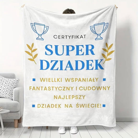 Polish Grandchild to Grandfather Blessing Blanket Polish Phrase English Translation "Grandpa Grandson Great Grandson" Messages Soft Flannel Bedspread Polish Heritage Gifts Machine Washable