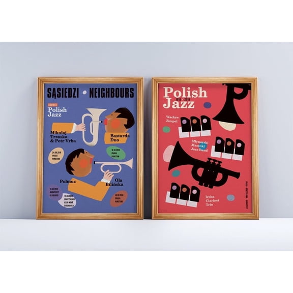 Polish Jazz Neighbors original music concert trumpet piano red blue print vintage home wall, Set 2, Poster Only
