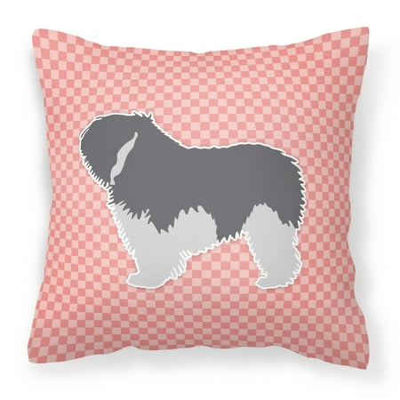 Polish Lowland Sheepdog Dog Checkerboard Pink Fabric Decorative Pillow