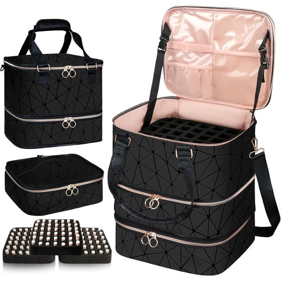 Polish Organizer Bag 126 Bottles (15ml/0.5fl.oz)& Lamp, 3 Layers Detachable Kit Storage Case PU Leather, Large Travel Supplies Bag for Manicure Tools (Black)