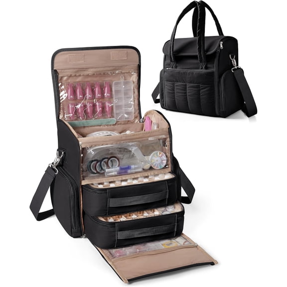 Polish Organizer Bag Holds 70 Bottles and Lamp, Polish Storage Case with 2 Removable Bags and Multiple Pockets, Black