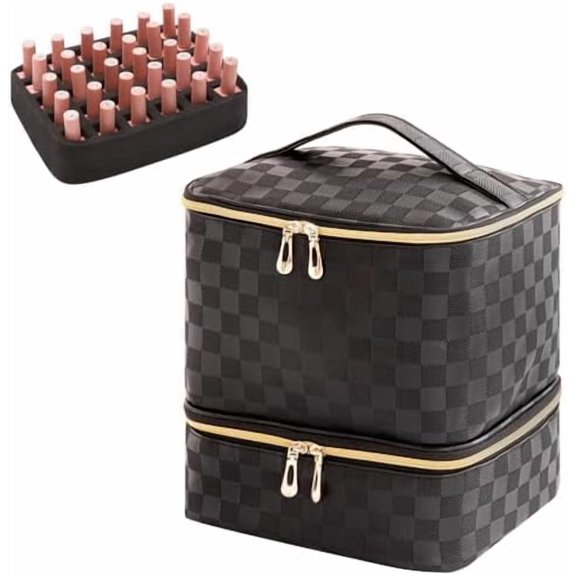 Polish Organizer Bag with Handles - Holds 30 Bottles (15ml - 0.5 fl.oz),Travel Case Portable Storage Bag for Manicure Set (Checkered Black)