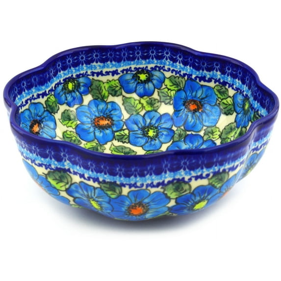 Polish Pottery 10¼-inch Scalloped Fluted Bowl (Bold Blue Poppies Theme) Signature UNIKAT Hand Painted in Poland + Certificate of Authenticity