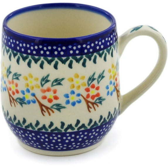 Polish Pottery 10 oz Mug (Spring Flower Ring Theme) Hand Painted in Boleslawiec, Poland + Certificate of Authenticity