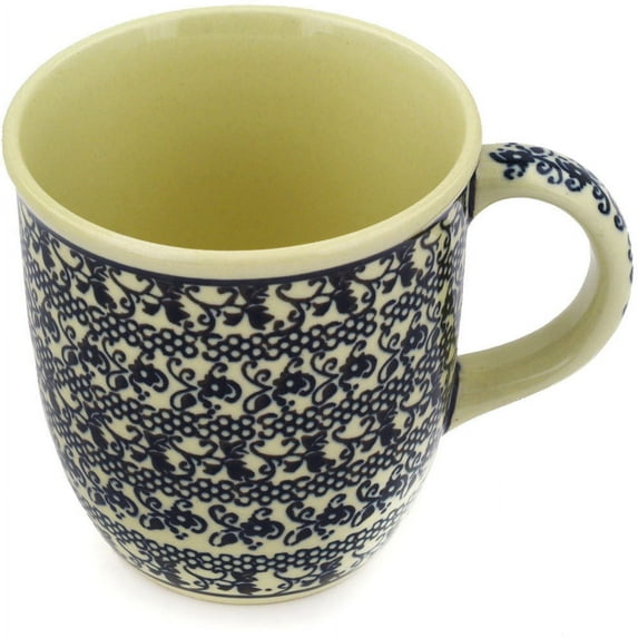 Polish Pottery 11 oz Mug (Black Lace Theme) Hand Painted in Boleslawiec, Poland + Certificate of Authenticity