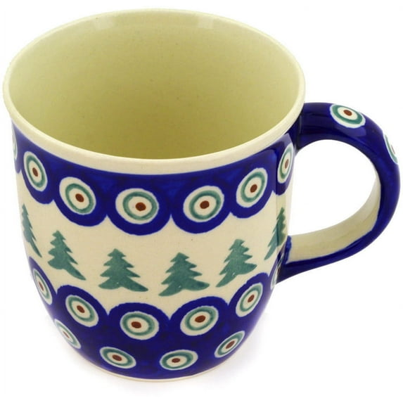 Polish Pottery 11 oz Mug (Peacock Evergreen Theme) Hand Painted in Boleslawiec, Poland + Certificate of Authenticity