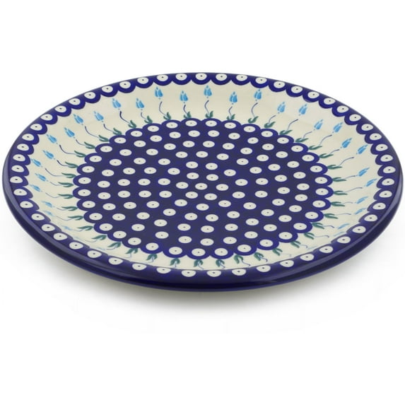 Polish Pottery 12¾-inch Platter (Peacock Tulip Garden Theme) Hand Painted in Boleslawiec, Poland + Certificate of Authenticity