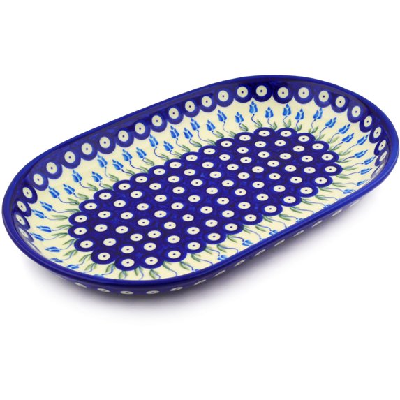 Polish Pottery 12¾-inch Platter (Peacock Tulip Garden Theme) Hand Painted in Boleslawiec, Poland + Certificate of Authenticity