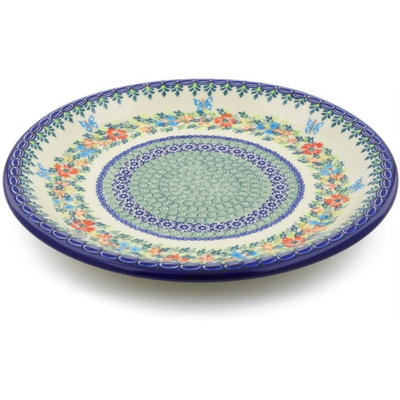 Polish Pottery 12¾-inch Platter (Red Cornflower And Blue Butterflies Theme) Signature UNIKAT Hand Painted in Poland + Certificate of Authenticity