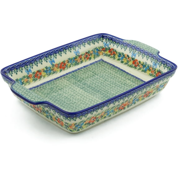 Polish Pottery 15-inch Rectangular Baker with Handles (Red Cornflower And Blue Butterflies Theme) Signature UNIKAT + Certificate of Authenticity