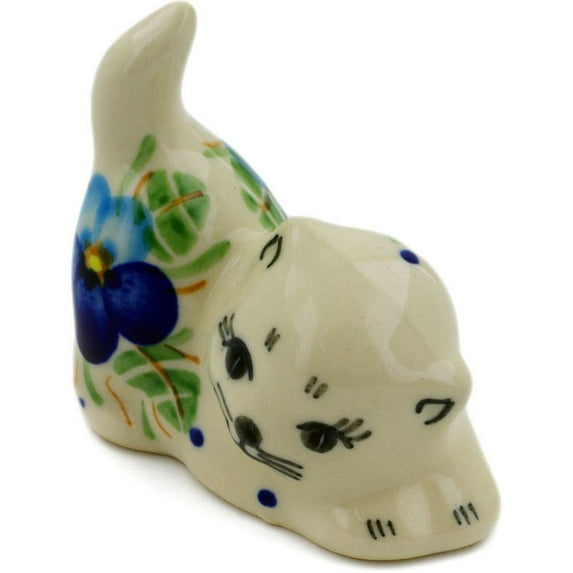 Polish Pottery 2½-inch Cat Figurine (Blue Pansy Theme) Hand Painted in Boleslawiec, Poland + Certificate of Authenticity
