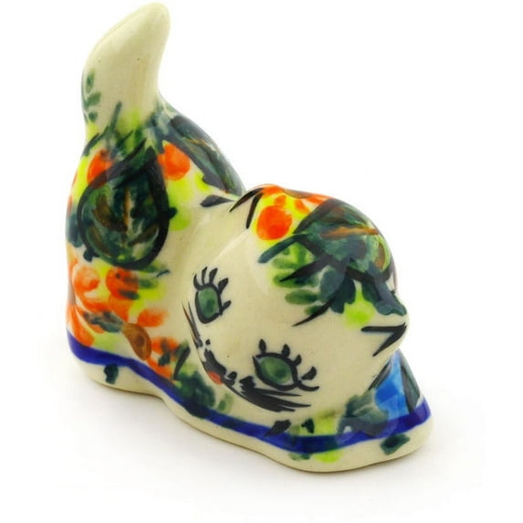 Polish Pottery 2½-inch Cat Figurine (Bold Poppies Theme) Signature UNIKAT Hand Painted in Boleslawiec, Poland + Certificate of Authenticity