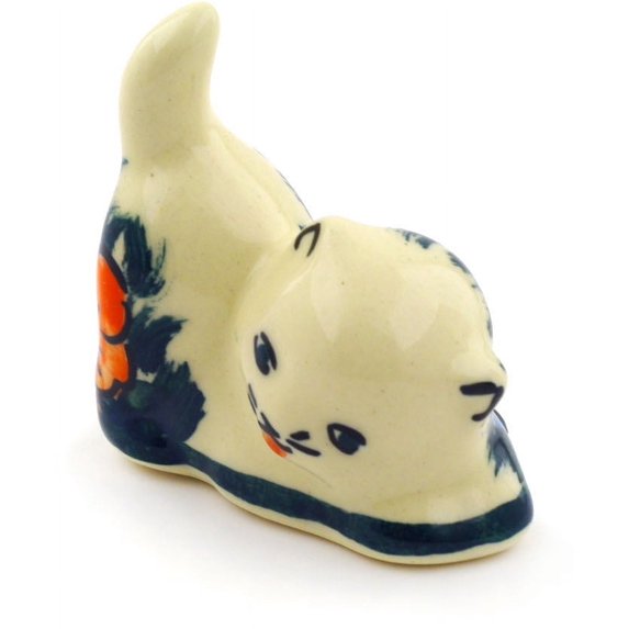 Polish Pottery 2½-inch Cat Figurine (Butterfly Splendor Theme) Signature UNIKAT Hand Painted in Boleslawiec, Poland + Certificate of Authenticity