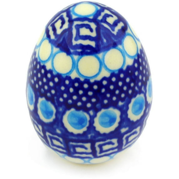 Polish Pottery 2¾-inch Egg Figurine (Tribal Blue Theme) Hand Painted in Boleslawiec, Poland + Certificate of Authenticity