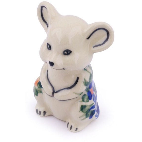 Polish Pottery 2¾-inch Mouse Figurine (Blissful Daisy Theme) Hand Painted in Boleslawiec, Poland + Certificate of Authenticity