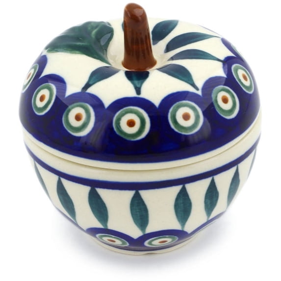 Polish Pottery 3½-inch Apple Shaped Jar (Peacock Leaves Theme) Hand Painted in Boleslawiec, Poland + Certificate of Authenticity