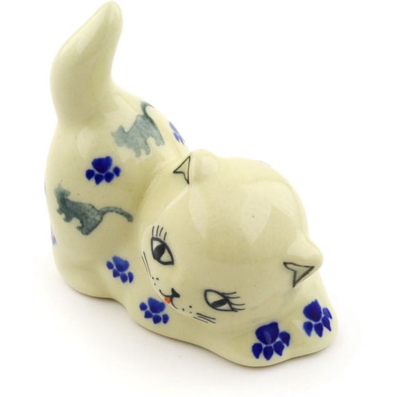 Polish Pottery 3¼-inch Cat Figurine (Boo Boo Kitty Paws Theme) Hand Painted in Boleslawiec, Poland + Certificate of Authenticity