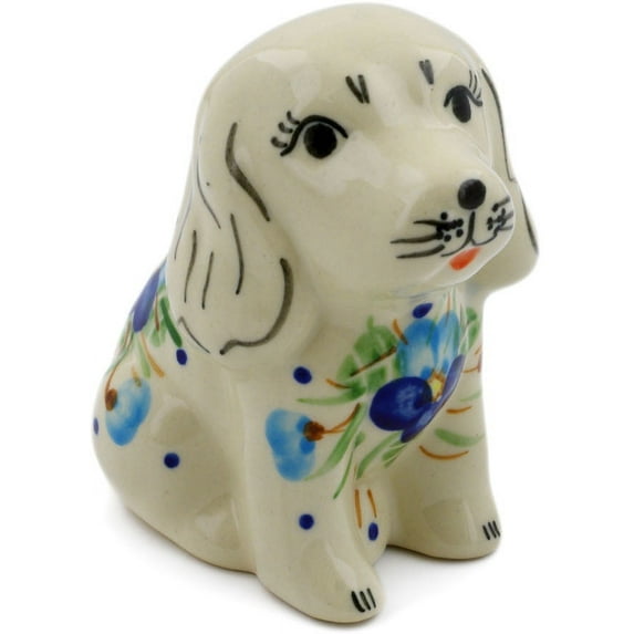 Polish Pottery 3¾-inch Dog Figurine (Blue Pansy Theme) Hand Painted in Boleslawiec, Poland + Certificate of Authenticity