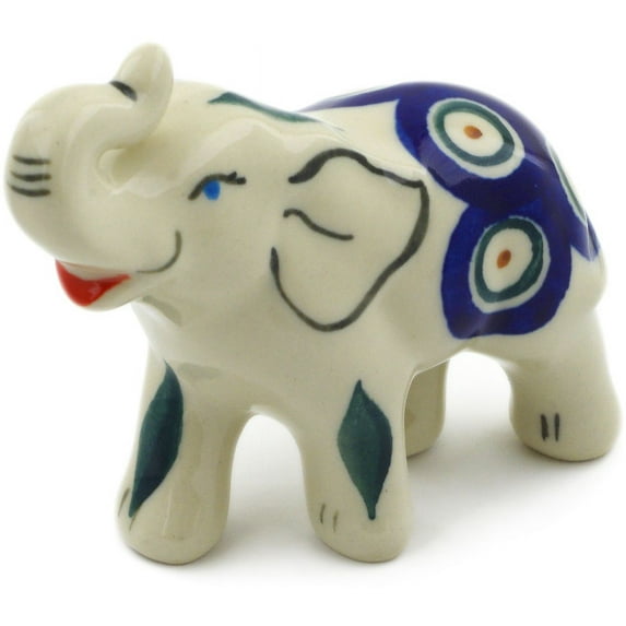 Polish Pottery 3¼-inch Elephant Figurine (Peacock Theme) Hand Painted in Boleslawiec, Poland + Certificate of Authenticity