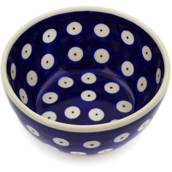 Polish Pottery 4-inch Bowl (Blue Eyed Peacock Theme) Hand Painted in Boleslawiec, Poland + Certificate of Authenticity