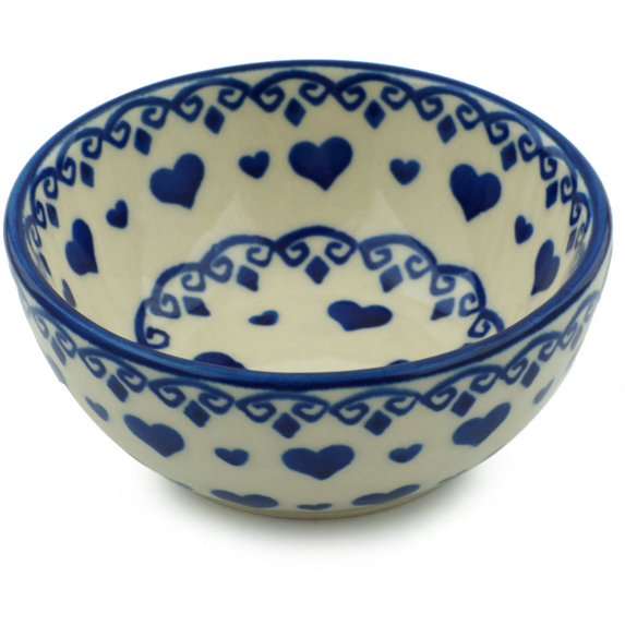 Polish Pottery 4-inch Bowl (Blue Valentine Theme) Hand Painted in Boleslawiec, Poland + Certificate of Authenticity