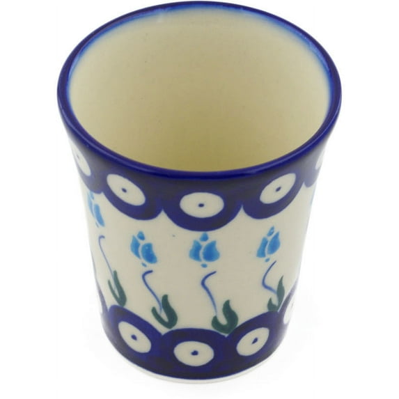 Polish Pottery 4 oz Tumbler (Peacock Tulip Garden Theme) Hand Painted in Boleslawiec, Poland + Certificate of Authenticity