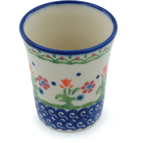 Polish Pottery 4 oz Tumbler (Spring Flowers Theme) Hand Painted in Boleslawiec, Poland + Certificate of Authenticity