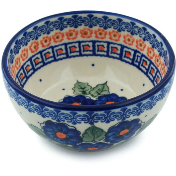 Polish Pottery 5¼-inch Bowl (Greek Poppies Theme) Signature UNIKAT Hand Painted in Boleslawiec, Poland + Certificate of Authenticity