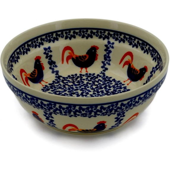 Polish Pottery 6½-inch Bowl (Rooster Parade Theme) Hand Painted in Boleslawiec, Poland + Certificate of Authenticity