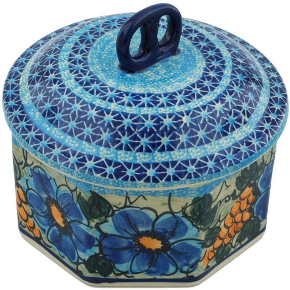 Polish Pottery 6¾-inch Jar with Lid (Corn In The Blue Theme) Signature UNIKAT Hand Painted in Boleslawiec, Poland + Certificate of Authenticity
