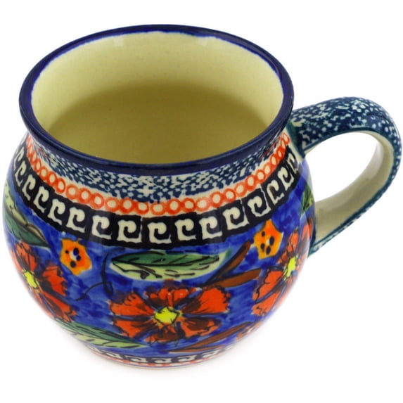 Polish Pottery 6 oz Bubble Mug (Poppies Theme) Signature UNIKAT Hand Painted in Boleslawiec, Poland + Certificate of Authenticity