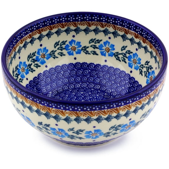Polish Pottery 7½-inch Bowl (Blue Cornflower Theme) Hand Painted in Boleslawiec, Poland + Certificate of Authenticity