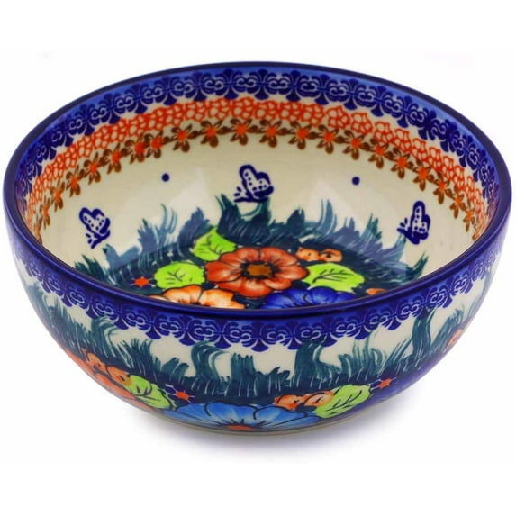 Polish Pottery 7-inch Bowl (Butterfly Splendor Theme) Signature UNIKAT Hand Painted in Boleslawiec, Poland + Certificate of Authenticity