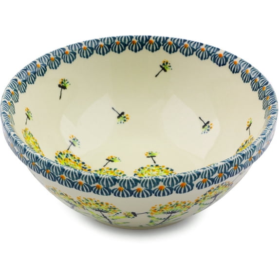 Polish Pottery 7-inch Bowl (Yellow Dandelions Theme) Hand Painted in Boleslawiec, Poland + Certificate of Authenticity
