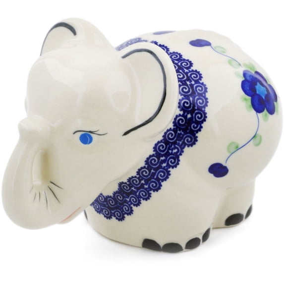 Polish Pottery 7¾-inch Elephant Figurine (Blue Poppies Theme) Hand Painted in Boleslawiec, Poland + Certificate of Authenticity