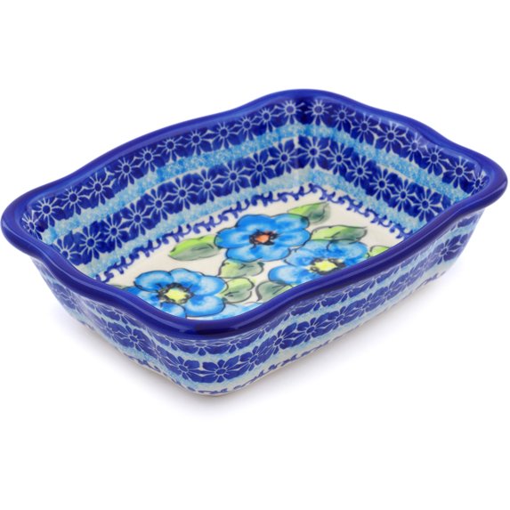 Polish Pottery 7¾-inch Rectangular Baker (Bold Blue Poppies Theme) Signature UNIKAT Hand Painted in Boleslawiec, Poland + Certificate of Authenticity