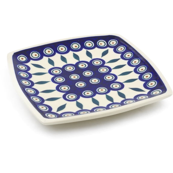 Polish Pottery 7¼-inch Square Plate (Peacock Theme) Hand Painted in Boleslawiec, Poland + Certificate of Authenticity