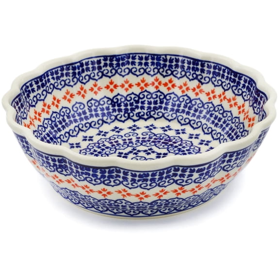 Polish Pottery 8¼-inch Fluted Bowl (Blue Heart Theme) Hand Painted in Boleslawiec, Poland + Certificate of Authenticity