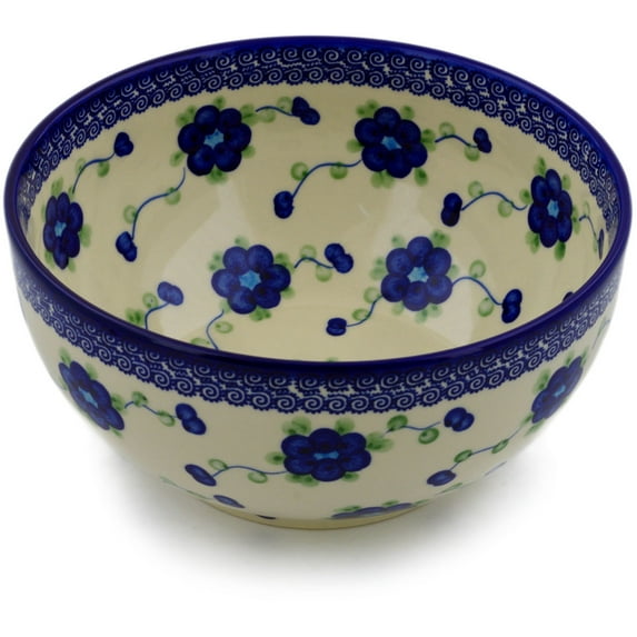 Polish Pottery 9-inch Bowl (Blue Poppies Theme) Hand Painted in Boleslawiec, Poland + Certificate of Authenticity