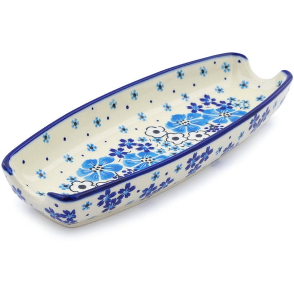 Polish Pottery 9¼-inch Corn Tray (Pansy Dawn Theme) Signature UNIKAT Hand Painted in Boleslawiec, Poland + Certificate of Authenticity